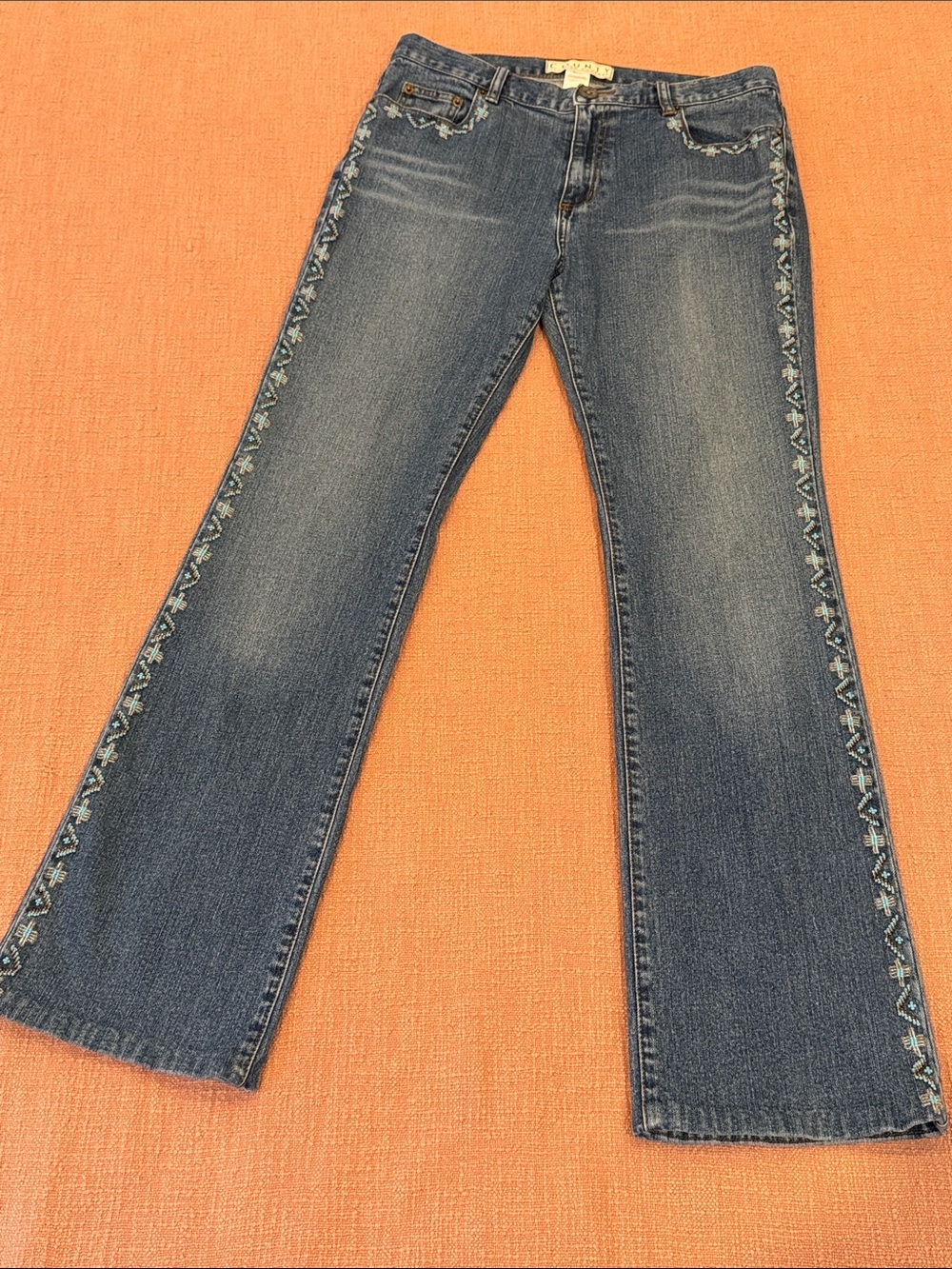 Women's W32L31 Blue Embroidered Side-Trim lightly Flared Jeans